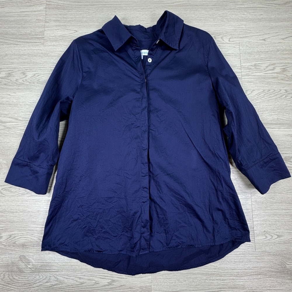 Perlavera Women's Button Down Shirt Cely Navy Blue Medium 3/4 Sleeve Cotton